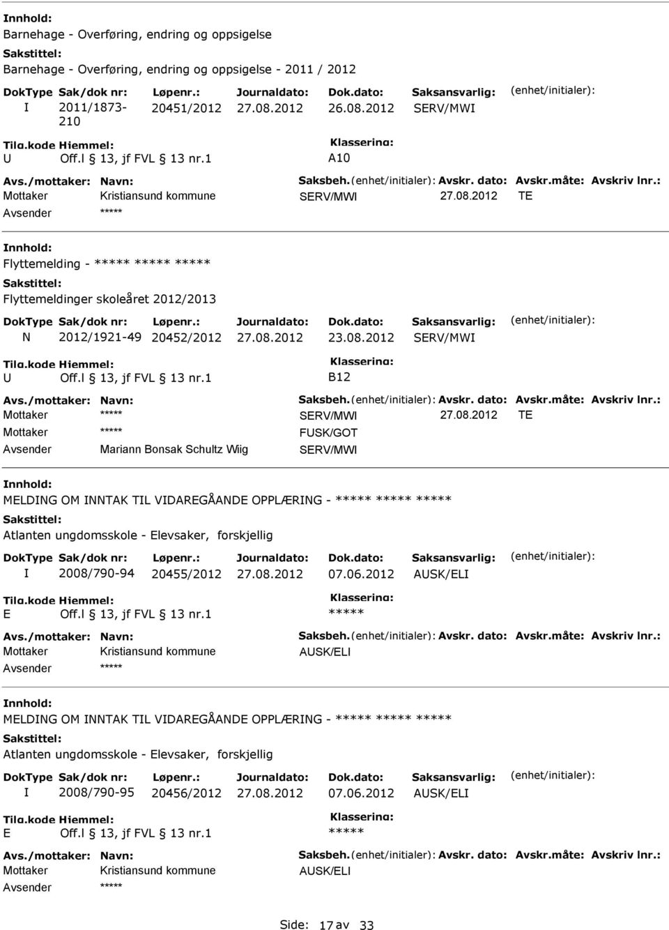 2012 SERV/MW B12 Mottaker SERV/MW TE Mottaker FSK/GOT vsender Mariann Bonsak Schultz Wiig SERV/MW nnhold: MELDNG OM NNTK TL VDREGÅNDE OPPLÆRNG - tlanten ungdomsskole