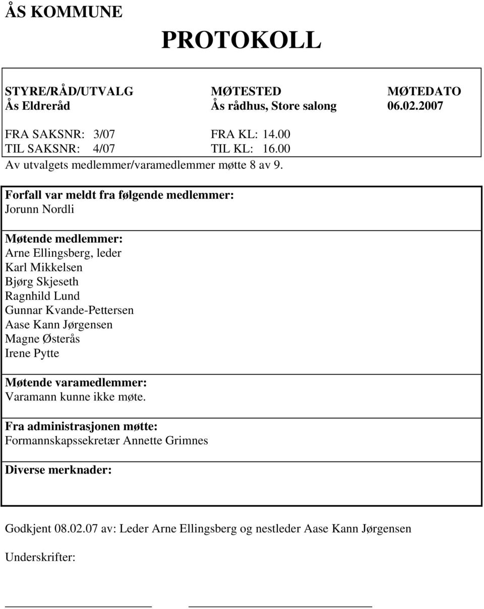 Forfall var meldt fra følgende medlemmer: Jorunn Nordli Møtende medlemmer: Arne Ellingsberg, leder Karl Mikkelsen Bjørg Skjeseth Ragnhild Lund Gunnar