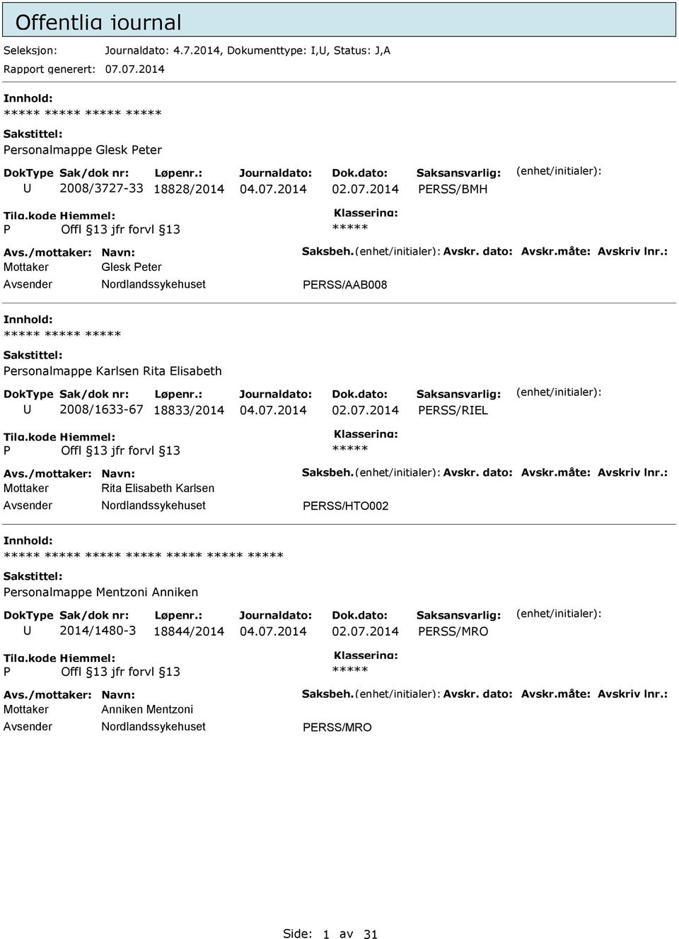 : Mottaker Glesk eter ERSS/AAB008 ersonalmappe Karlsen Rita Elisabeth 2008/1633-67 18833/2014 ERSS/REL Avs.