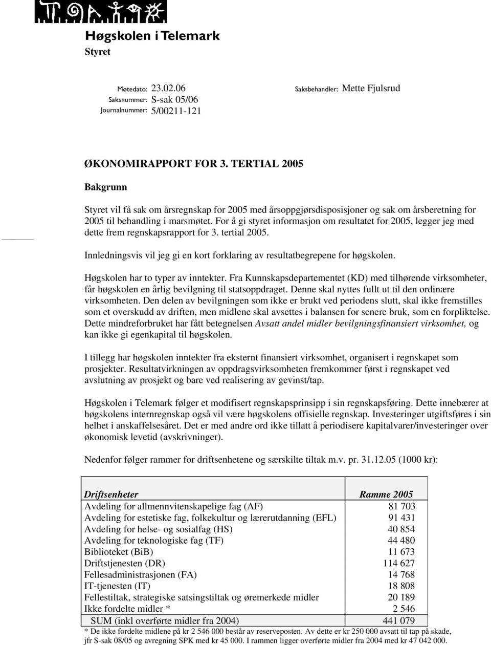 For å gi styret informasjon om resultatet for 2005, legger jeg med dette frem regnskapsrapport for 3. tertial 2005. Innledningsvis vil jeg gi en kort forklaring av resultatbegrepene for høgskolen.