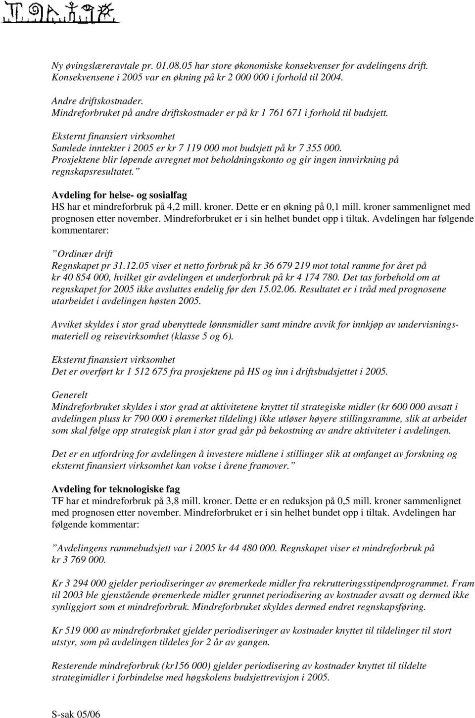 Prosjektene blir løpende avregnet mot beholdningskonto og gir ingen innvirkning på regnskapsresultatet. Avdeling for helse- og sosialfag HS har et mindreforbruk på 4,2 mill. kroner.