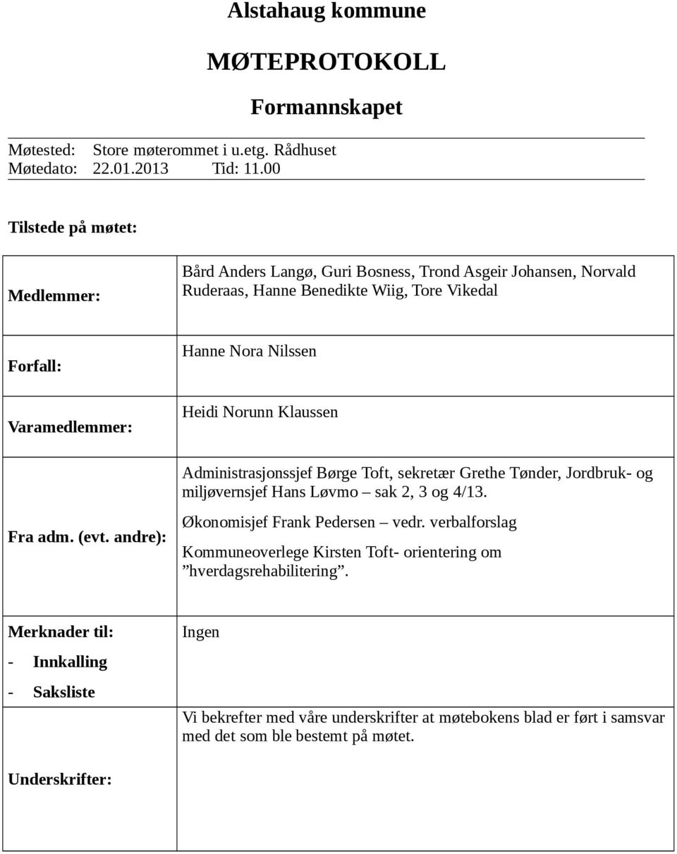 (evt. andre): Hanne Nora Nilssen Heidi Norunn Klaussen, sekretær Grethe Tønder, Jordbruk- og miljøvernsjef Hans Løvmo sak 2, 3 og 4/13. Økonomisjef Frank Pedersen vedr.