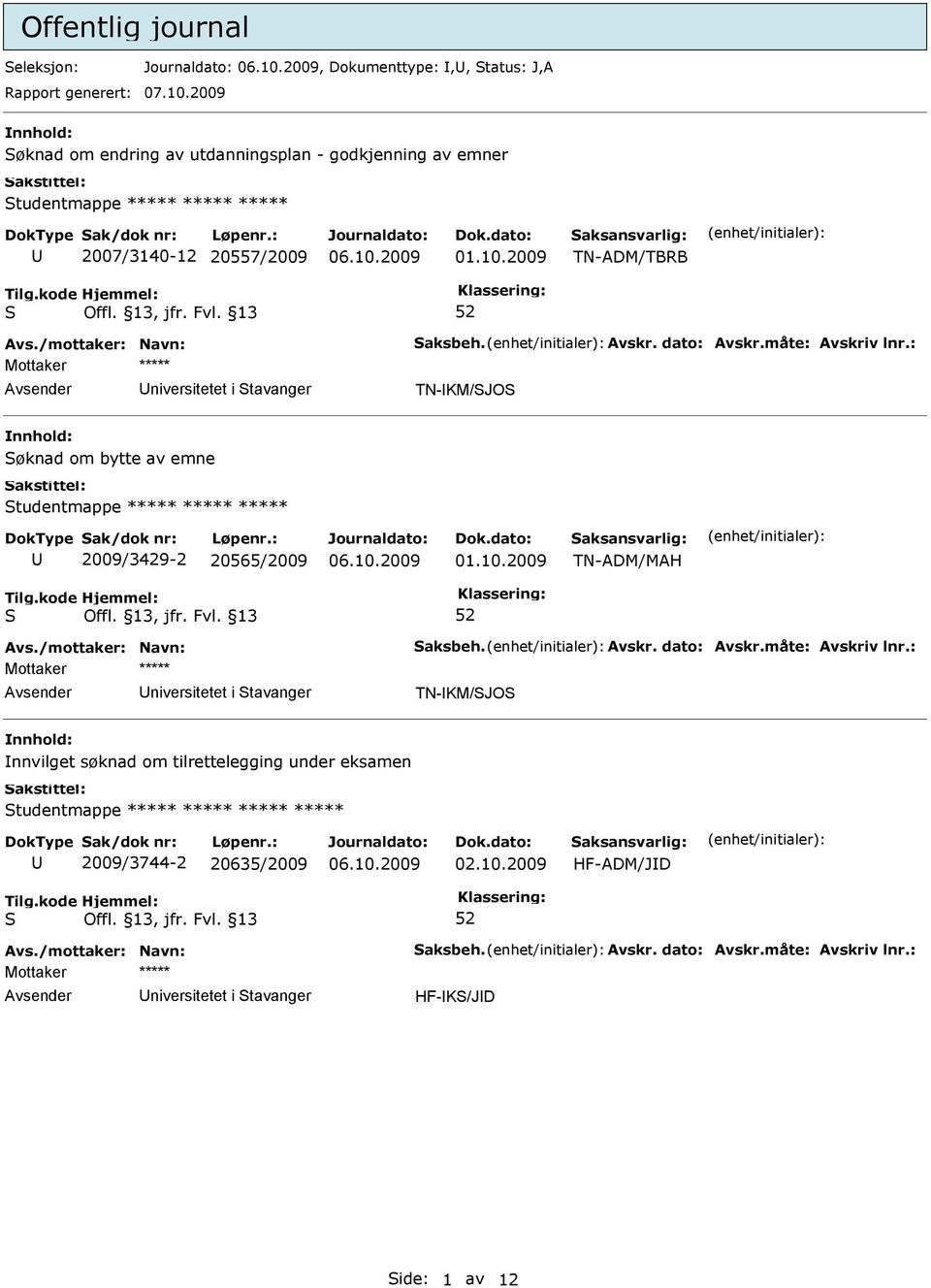 2009 TN-ADM/TBRB niversitetet i tavanger TN-KM/JO øknad om bytte av emne tudentmappe ***** ***** ***** 2009/3429-2 20565/2009 01.10.