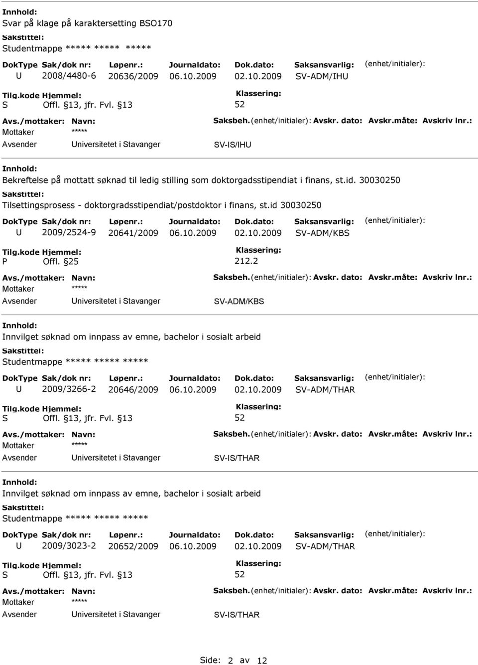 2 niversitetet i tavanger V-ADM/KB nnvilget søknad om innpass av emne, bachelor i sosialt arbeid tudentmappe ***** ***** ***** 2009/3266-2 20646/2009 V-ADM/THAR niversitetet i