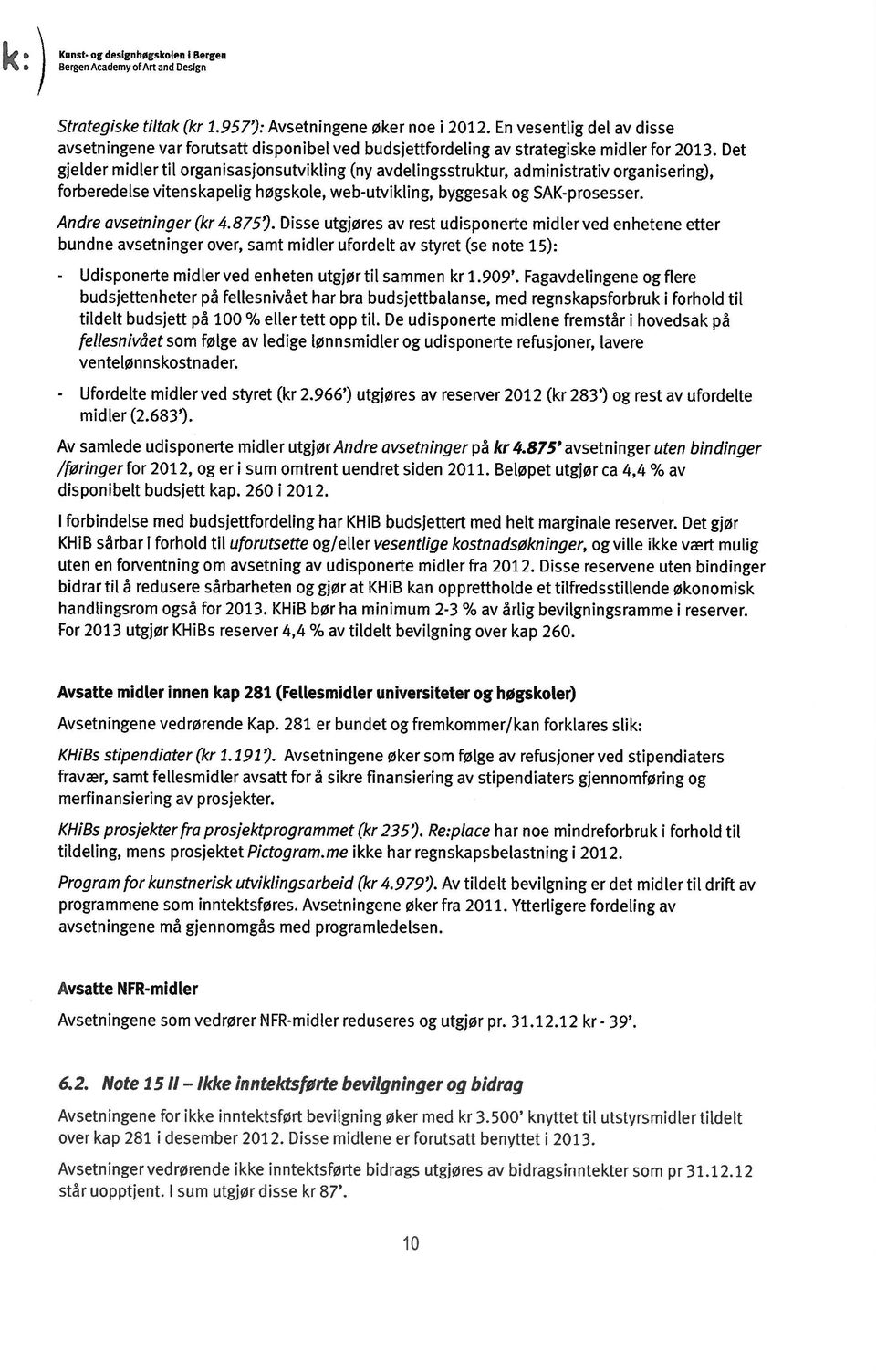 Det gjelder midlertil organisasjonsutvikling (ny avdelingsstruktur, administrativ organisering), forberedelse vitenskapelig høgskole, web-utvikling, byggesak og SAK-prosesser. Andre avsetninger (kr 4.