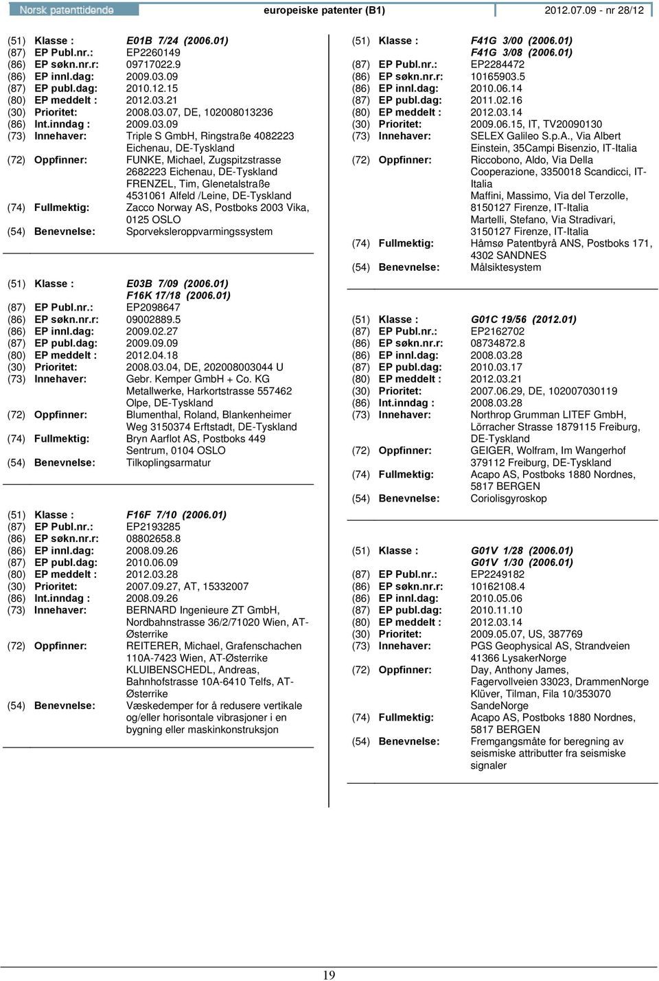 FRENZEL, Tim, Glenetalstraße 4531061 Alfeld /Leine, DE-Tyskland : Zacco Norway AS, Postboks 2003 Vika, 0125 : Sporveksleroppvarmingssystem (51) Klasse : E03B 7/09 (2006.01) F16K 17/18 (2006.