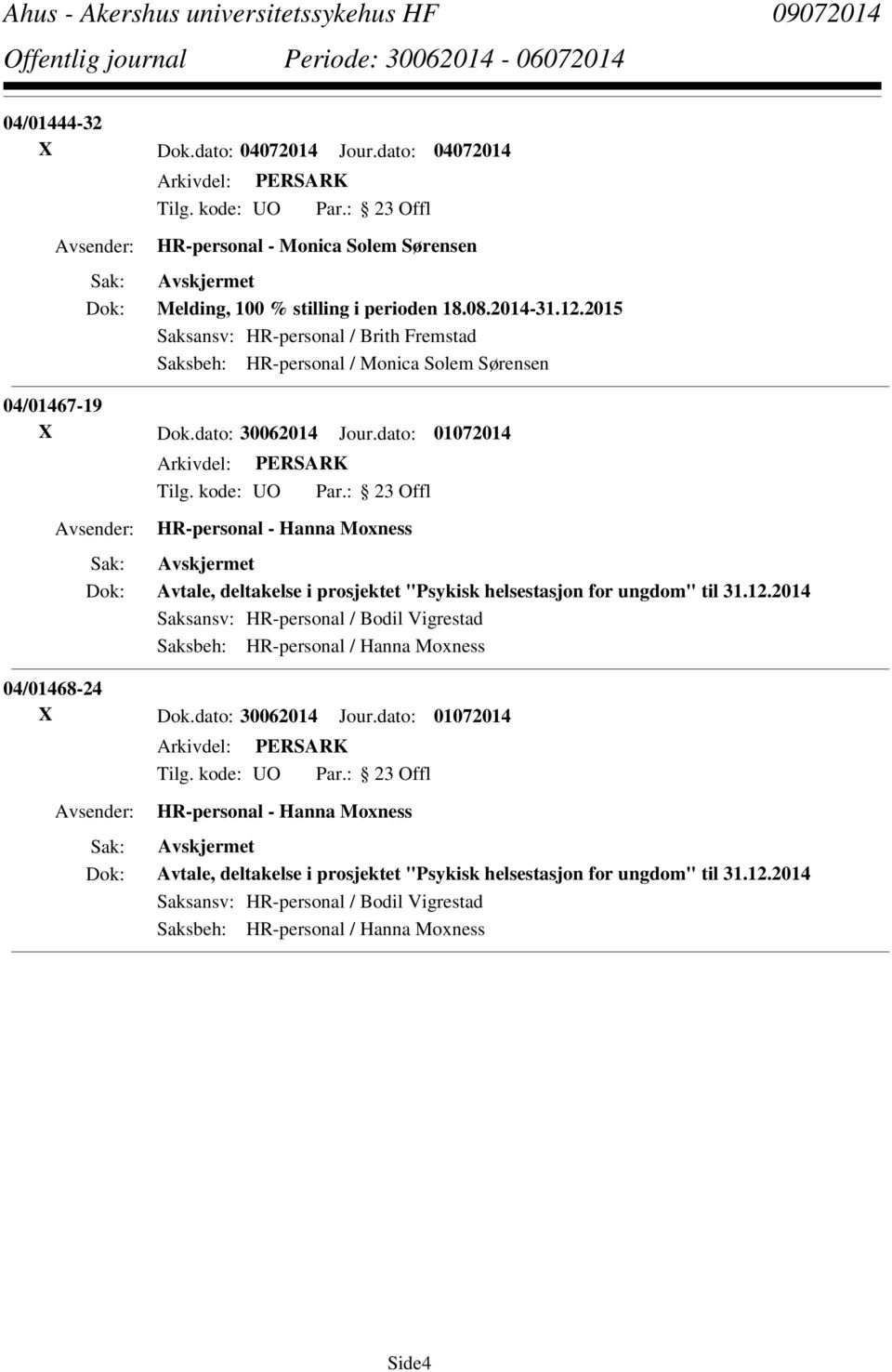 dato: 01072014 HR-personal - Hanna Moxness Avtale, deltakelse i prosjektet "Psykisk helsestasjon for ungdom" til 31.12.