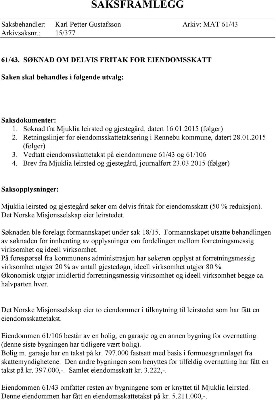 Vedtatt eiendomsskattetakst på eiendommene 61/43 og 61/106 4. Brev fra Mjuklia leirsted og gjestegård, journalført 23.03.