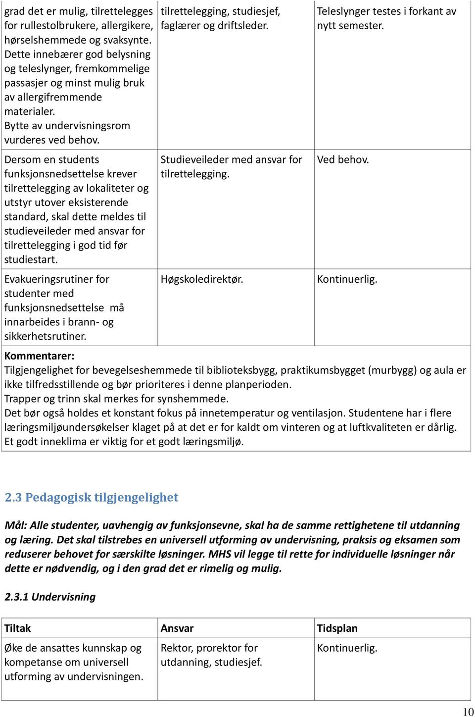 Dersom en students funksjonsnedsettelse krever tilrettelegging av lokaliteter og utstyr utover eksisterende standard, skal dette meldes til studieveileder med ansvar for tilrettelegging i god tid før