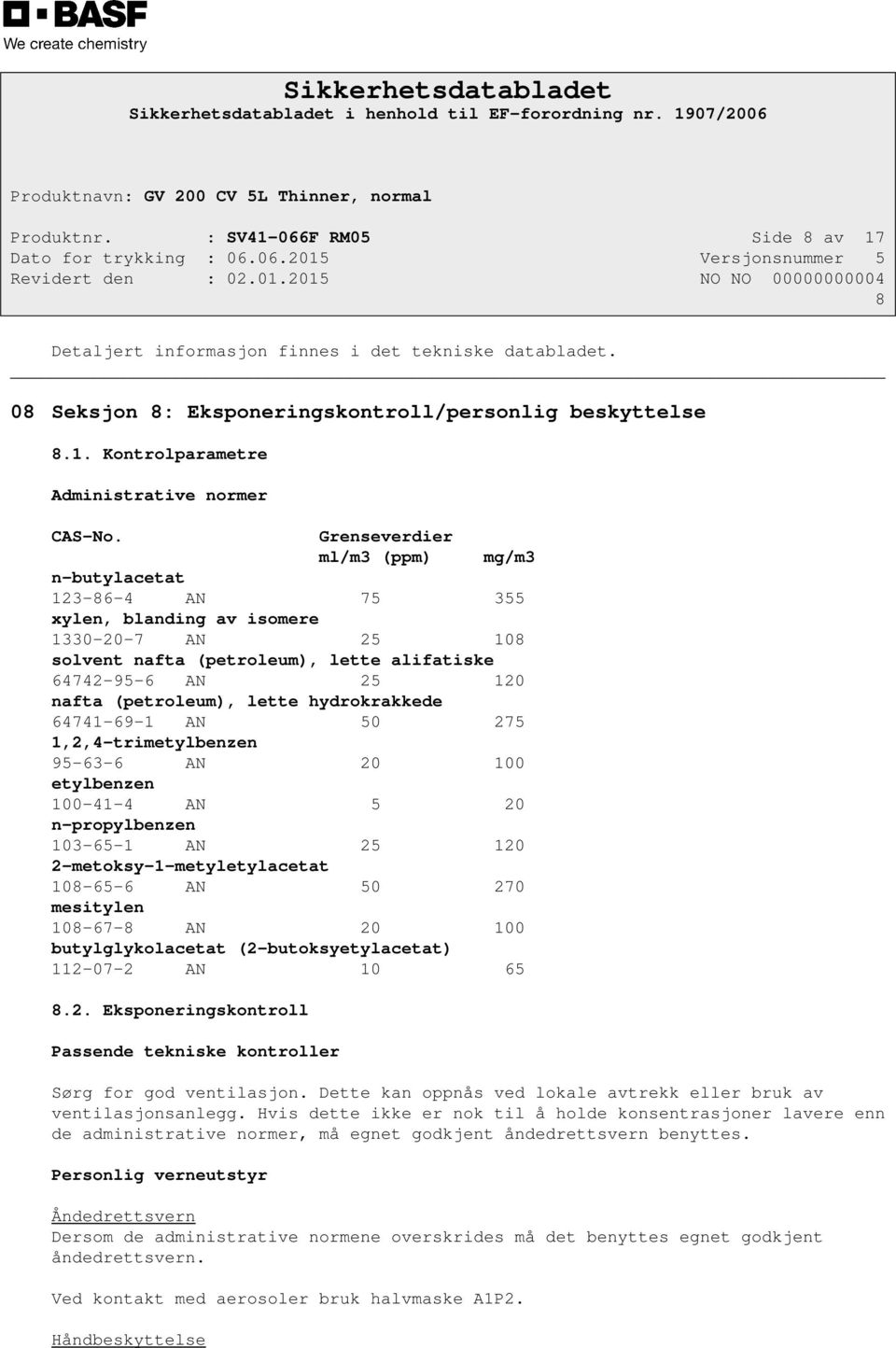 lette hydrokrakkede 64741-69-1 AN 50 275 1,2,4-trimetylbenzen 95-63-6 AN 20 100 etylbenzen 100-41-4 AN 5 20 n-propylbenzen 103-65-1 AN 25 120 2-metoksy-1-metyletylacetat 108-65-6 AN 50 270 mesitylen