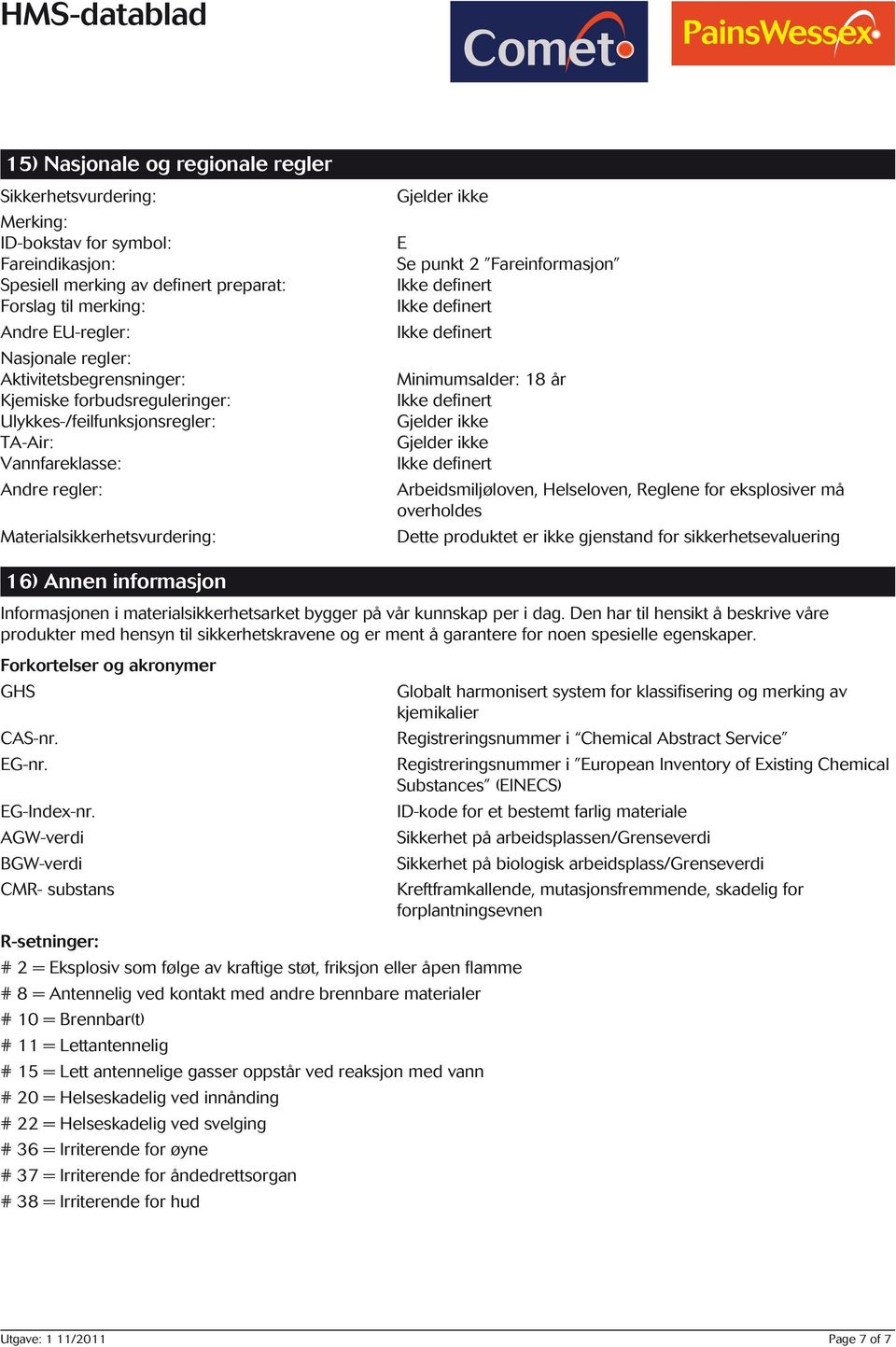 år Arbeidsmiljøloven, Helseloven, Reglene for eksplosiver må overholdes Dette produktet er ikke gjenstand for sikkerhetsevaluering 16) Annen informasjon Informasjonen i materialsikkerhetsarket bygger