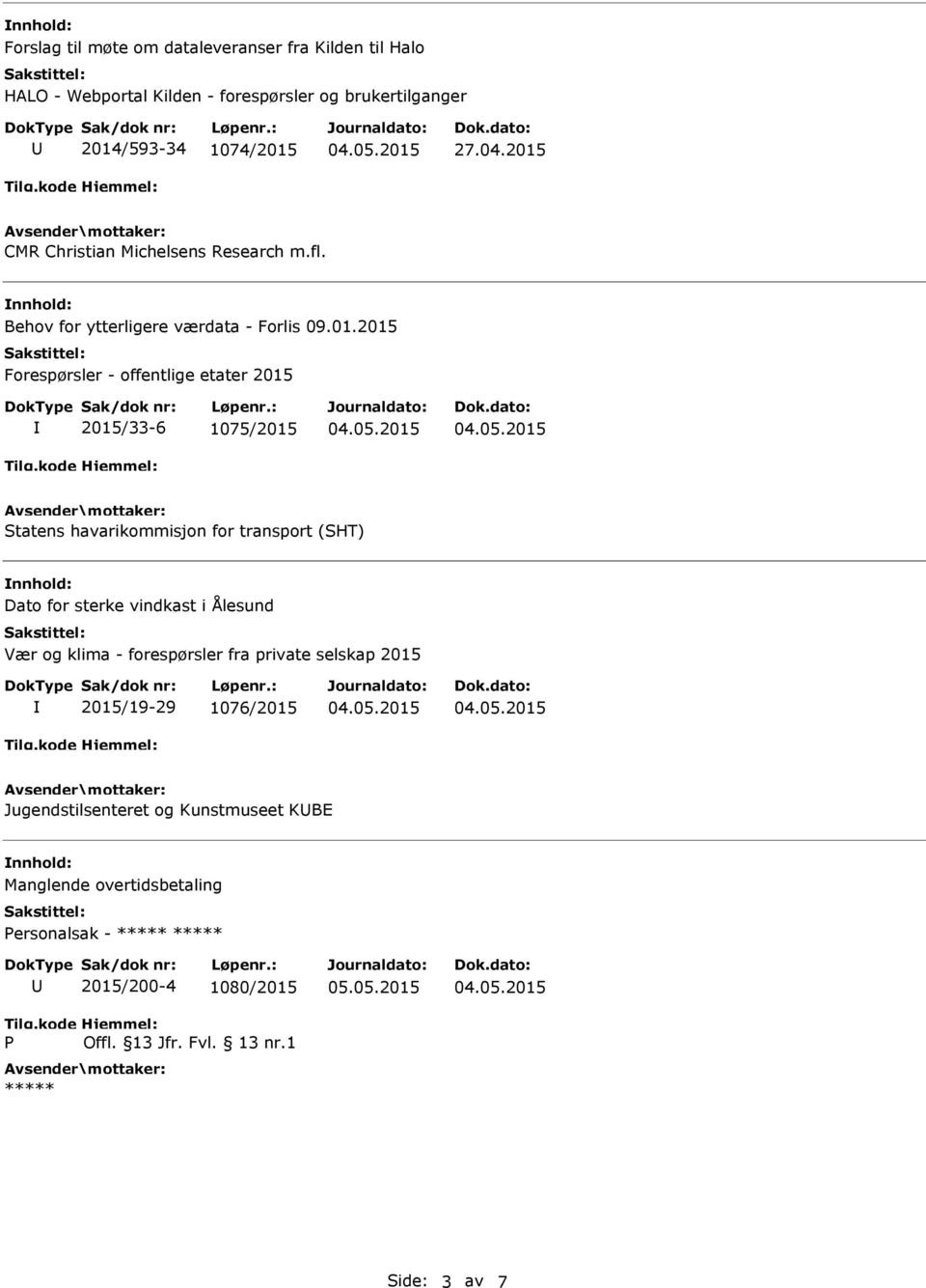 Statens havarikommisjon for transport (SHT) Dato for sterke vindkast i Ålesund Vær og klima - forespørsler fra private selskap 2015 2015/19-29 1076/2015