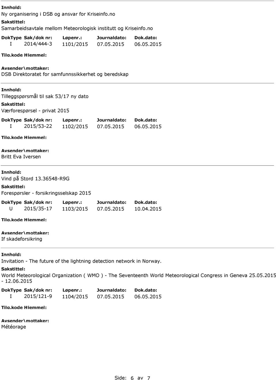 Vind på Stord 13.36548-R9G Forespørsler - forsikringsselskap 2015 2015/35-17 1103/2015 10.04.