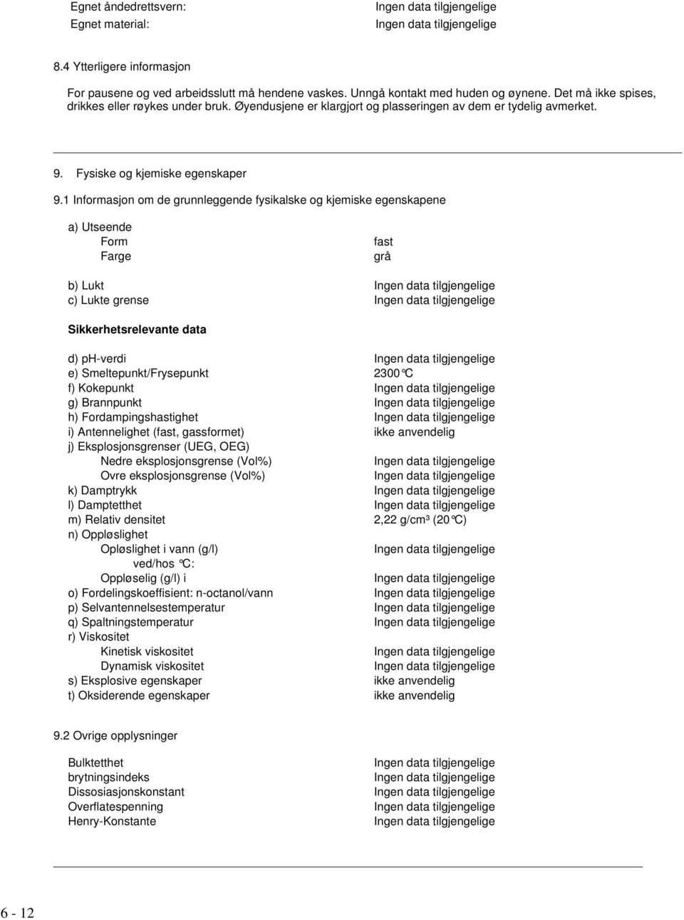 1 Informasjon om de grunnleggende fysikalske og kjemiske egenskapene a) Utseende Form Farge fast grå b) Lukt c) Lukte grense Sikkerhetsrelevante data d) ph-verdi e) Smeltepunkt/Frysepunkt 2300 C f)