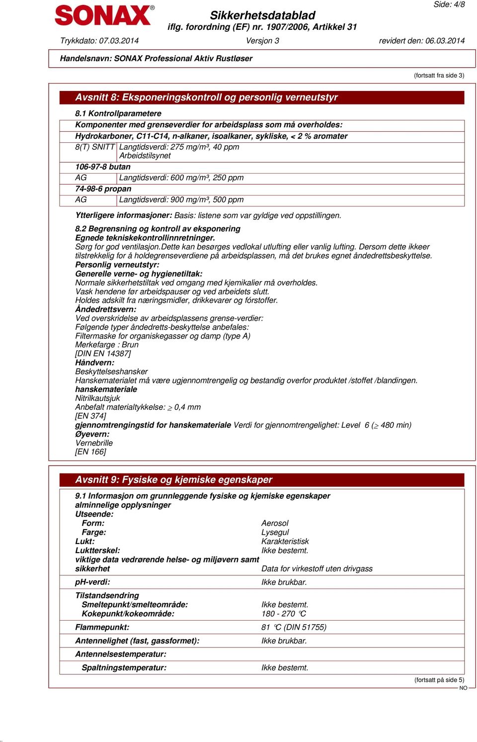 ppm Arbeidstilsynet 106-97-8 butan AG Langtidsverdi: 600 mg/m³, 250 ppm 74-98-6 propan AG Langtidsverdi: 900 mg/m³, 500 ppm Ytterligere informasjoner: Basis: listene som var gyldige ved oppstillingen.