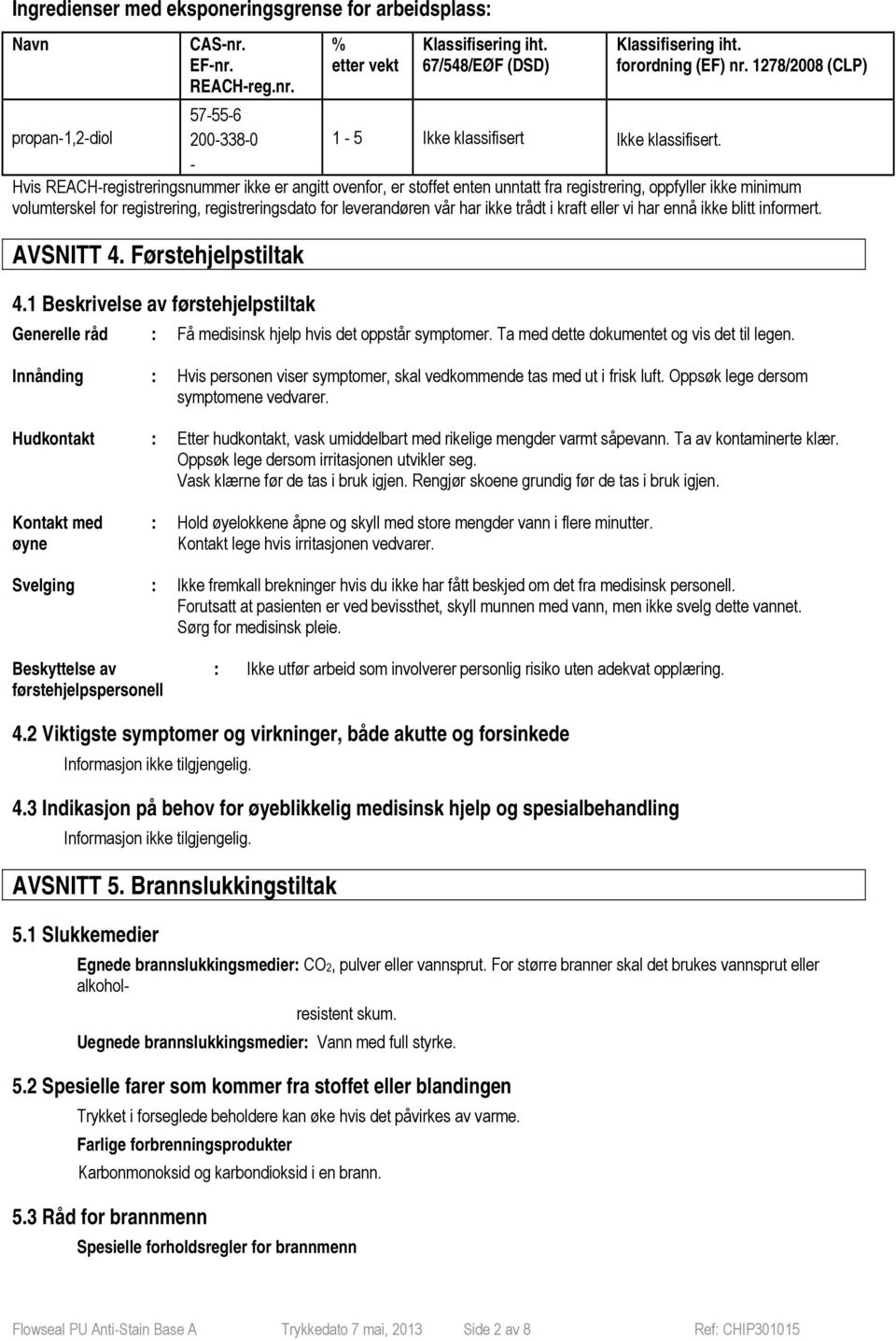 - Hvis REACH-registreringsnummer ikke er angitt ovenfor, er stoffet enten unntatt fra registrering, oppfyller ikke minimum volumterskel for registrering, registreringsdato for leverandøren vår har