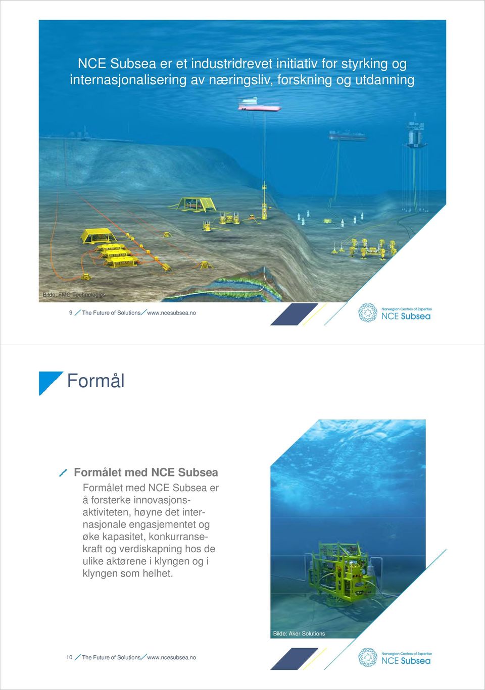 no Formål Formålet med NCE Subsea Formålet med NCE Subsea er å forsterke innovasjonsaktiviteten, høyne det inter- nasjonale