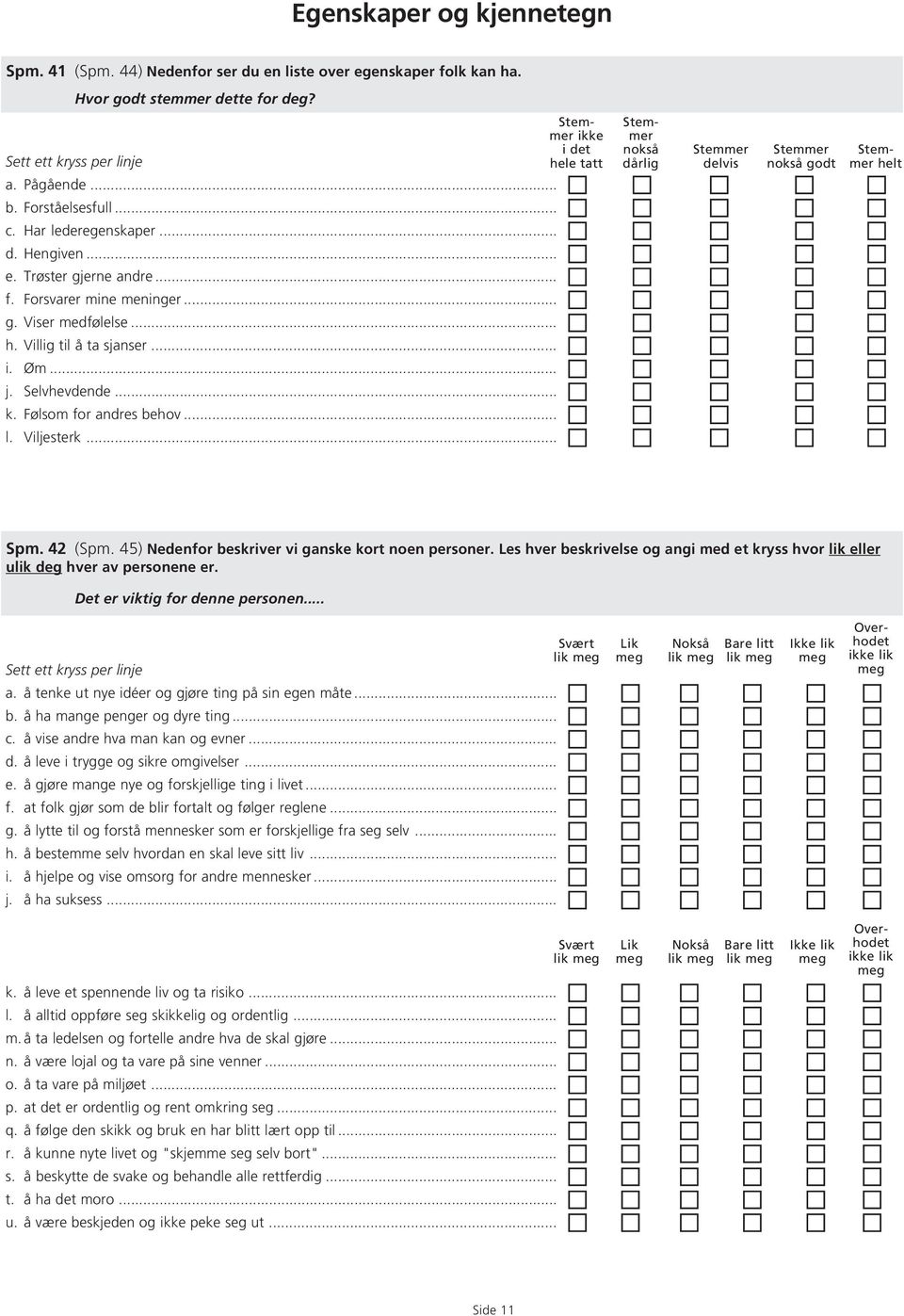 Forsvarer mine meninger... g. Viser medfølelse... h. Villig til å ta sjanser... i. Øm... j. Selvhevdende... k. Følsom for andres behov... l. Viljesterk... Spm. 42 (Spm.