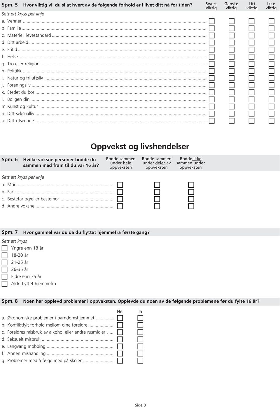 .. Ganske viktig Litt viktig Ikke viktig Oppvekst og livshendelser Spm. 6 Hvilke voksne personer bodde du sammen med fram til du var 16?