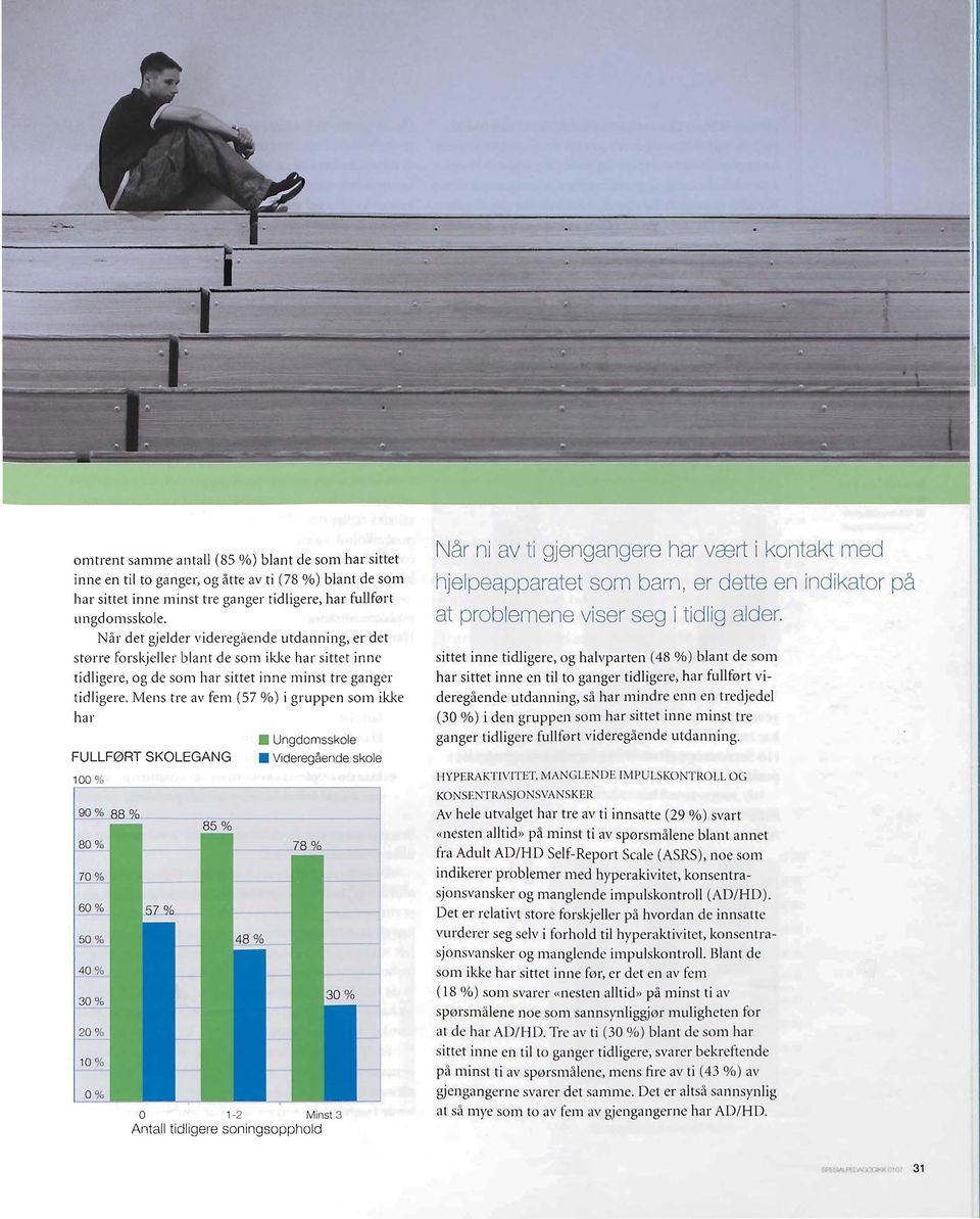 Mens tre av fem (57 %) i gruppen som ikke har FULLFØRT SKOLEGANG 100% 90% 88% Ungdomsskole Videregående skole o 1-2 Minst 3 Antall tidligere soningsopphold Når ni av ti gjengangere har vært i kontakt