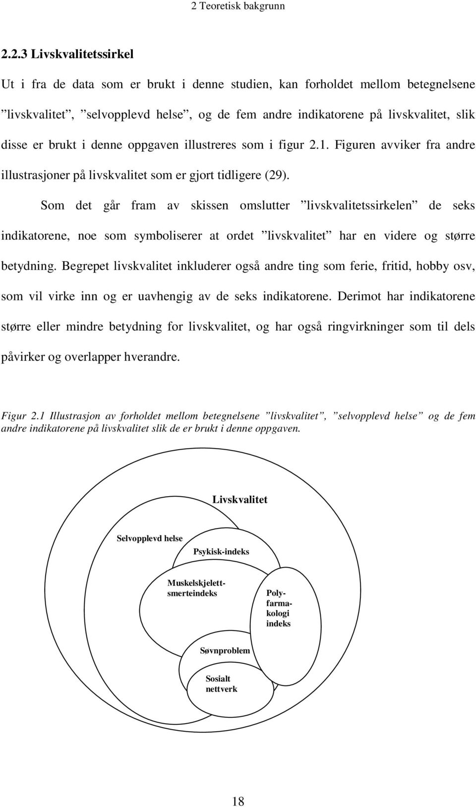 Som det går fram av skissen omslutter livskvalitetssirkelen de seks indikatorene, noe som symboliserer at ordet livskvalitet har en videre og større betydning.