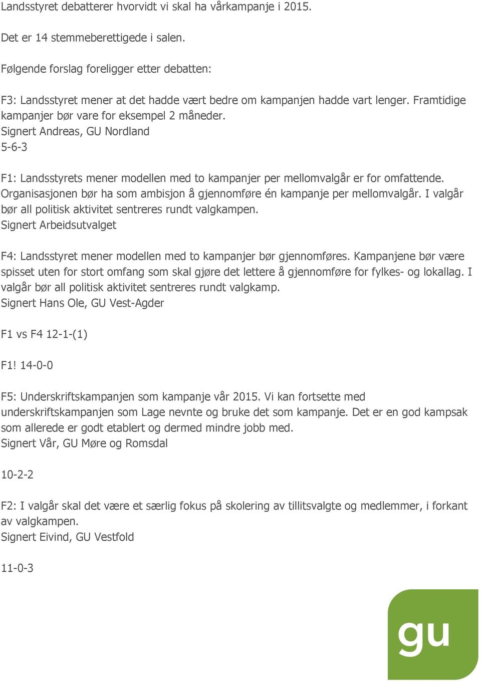 Signert Andreas, GU Nordland 5-6-3 F1: Landsstyrets mener modellen med to kampanjer per mellomvalgår er for omfattende. Organisasjonen bør ha som ambisjon å gjennomføre én kampanje per mellomvalgår.