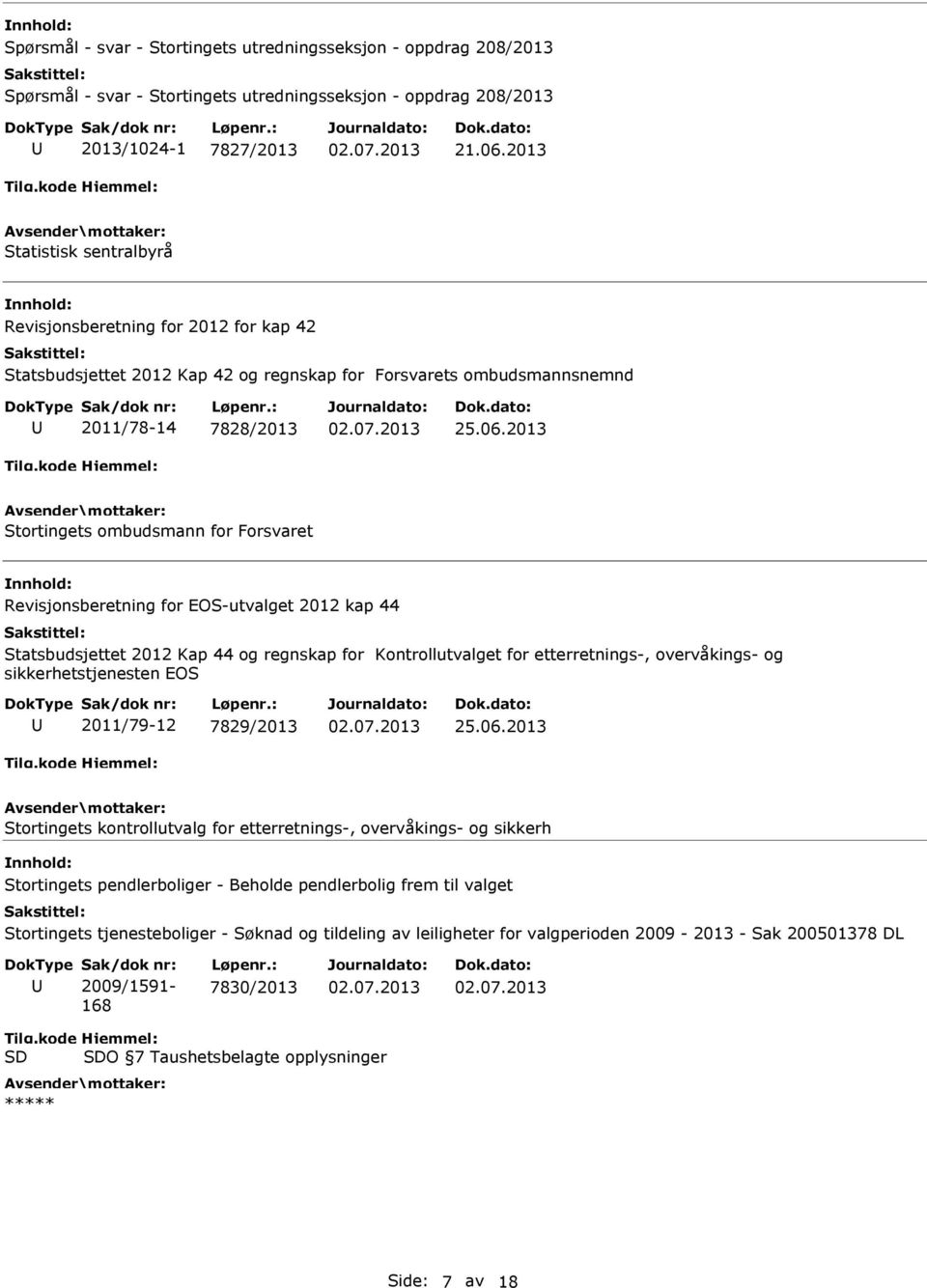 2013 Stortingets ombudsmann for Forsvaret Revisjonsberetning for EOS-utvalget 2012 kap 44 Statsbudsjettet 2012 Kap 44 og regnskap for Kontrollutvalget for etterretnings-, overvåkings- og