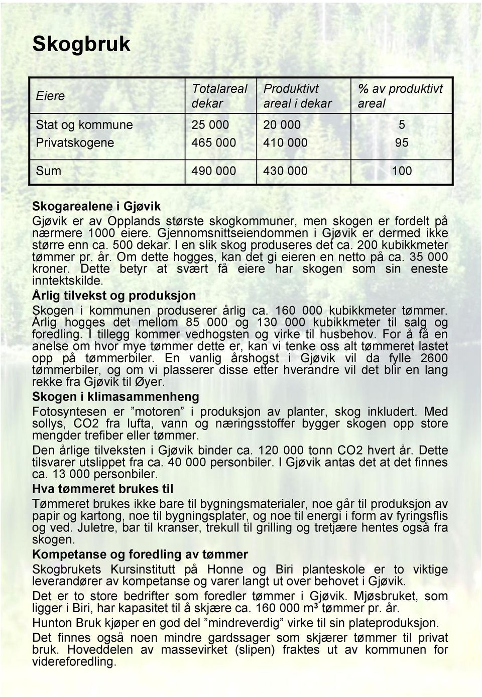 200 kubikkmeter tømmer pr. år. Om dette hogges, kan det gi eieren en netto på ca. 35 000 kroner. Dette betyr at svært få eiere har skogen som sin eneste inntektskilde.