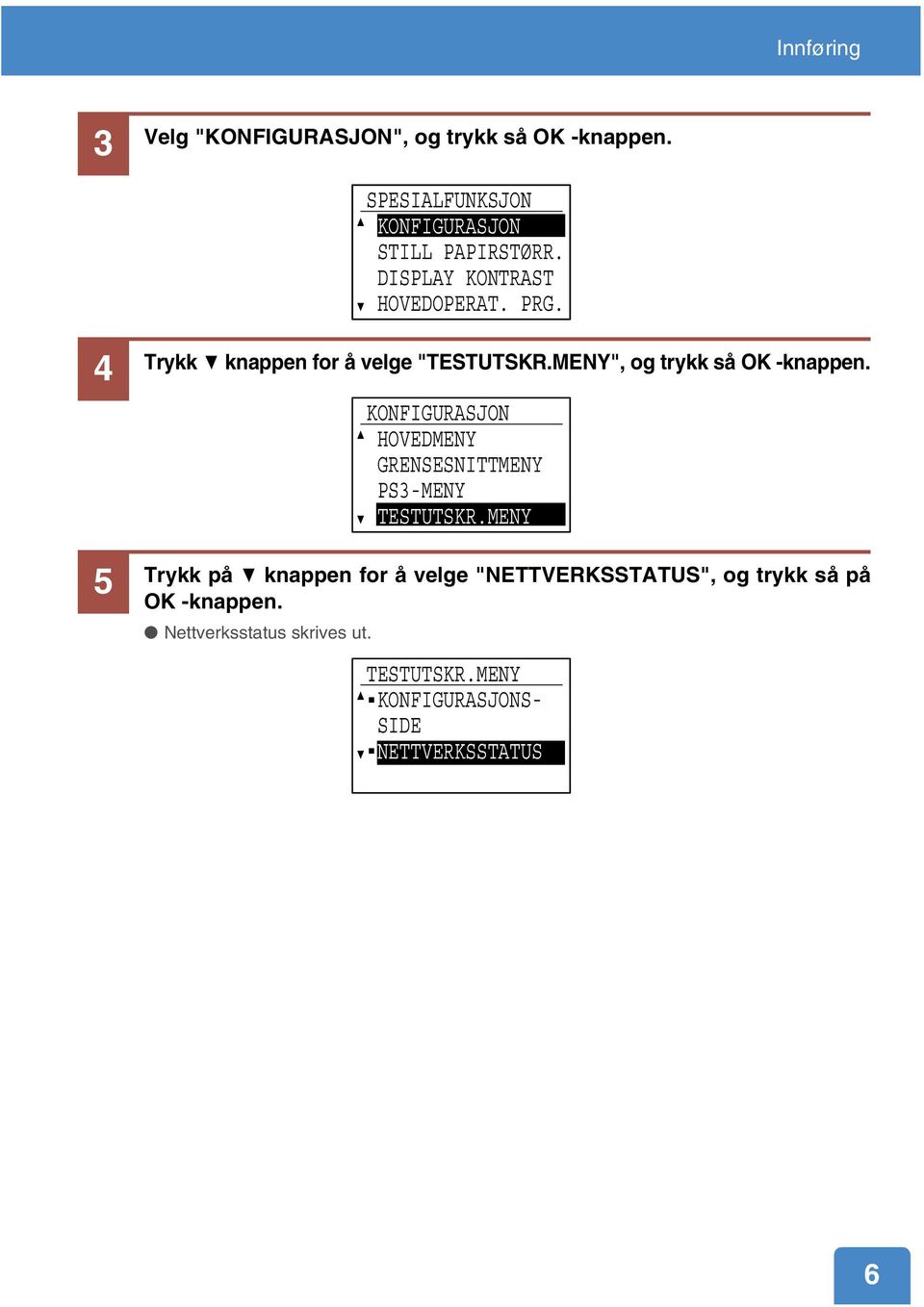 Trykk på knappen for å velge "NETTVERKSSTATUS", og trykk så på OK -knappen. Nettverksstatus skrives ut.