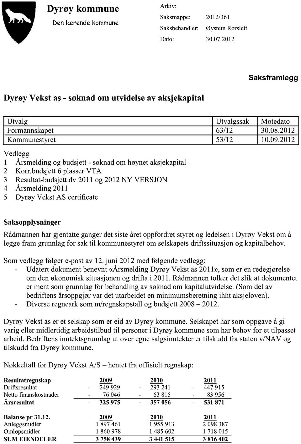 2012 Vedlegg 1 Årsmeldingog budsjett- søknadom høynetaksjekapital 2 Korr.