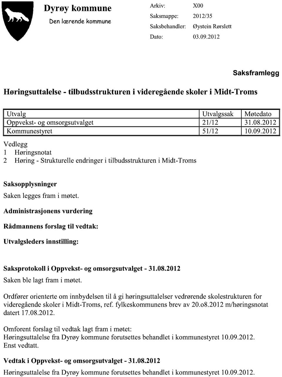 2012 Vedlegg 1 Høringsnotat 2 Høring- Strukturelleendringeri tilbudsstruktureni Midt-Troms Saksopplysninger Sakenleggesfram i møtet.