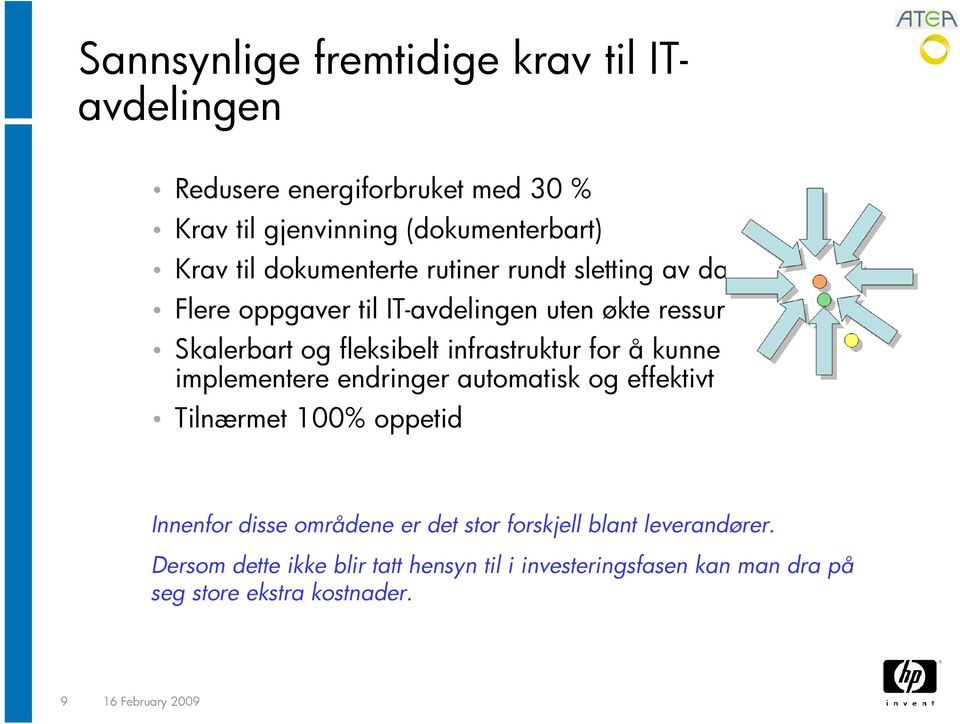 infrastruktur for å kunne implementere endringer automatisk og effektivt Tilnærmet 100% oppetid Innenfor disse områdene er det stor