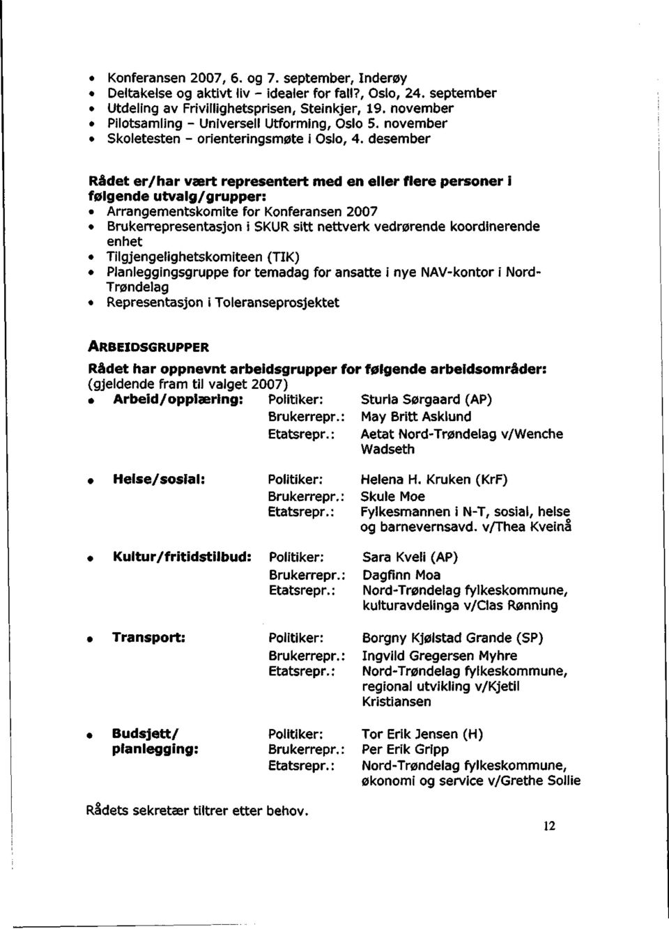 desember Rådet er/har vært representert med en eller flere personer i følgende utvalg/grupper: Arrangementskomite for Konferansen 2007 Brukerrepresentasjon i SKUR sitt nettverk vedrørende