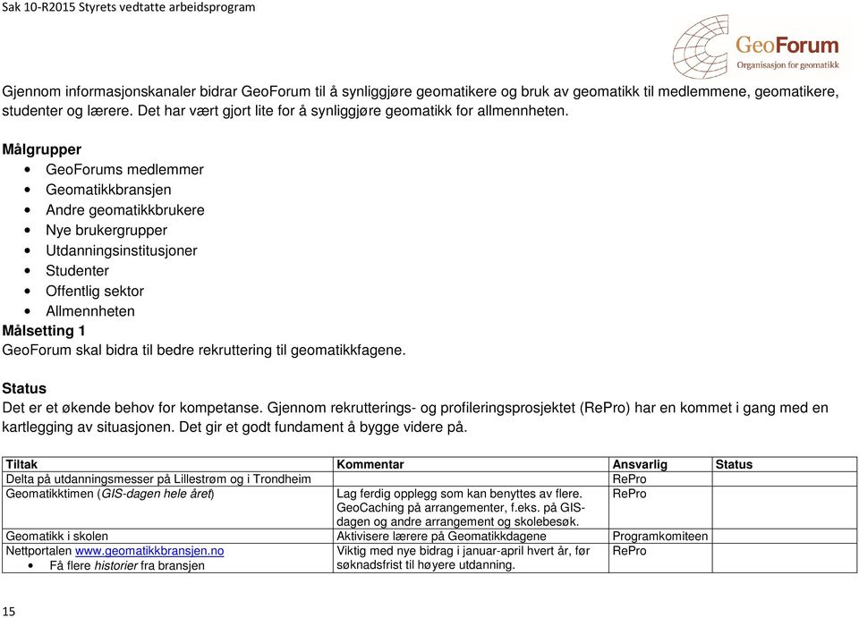 Målgrupper GeoForums medlemmer Geomatikkbransjen Andre geomatikkbrukere Nye brukergrupper Utdanningsinstitusjoner Studenter Offentlig sektor Allmennheten Målsetting 1 GeoForum skal bidra til bedre