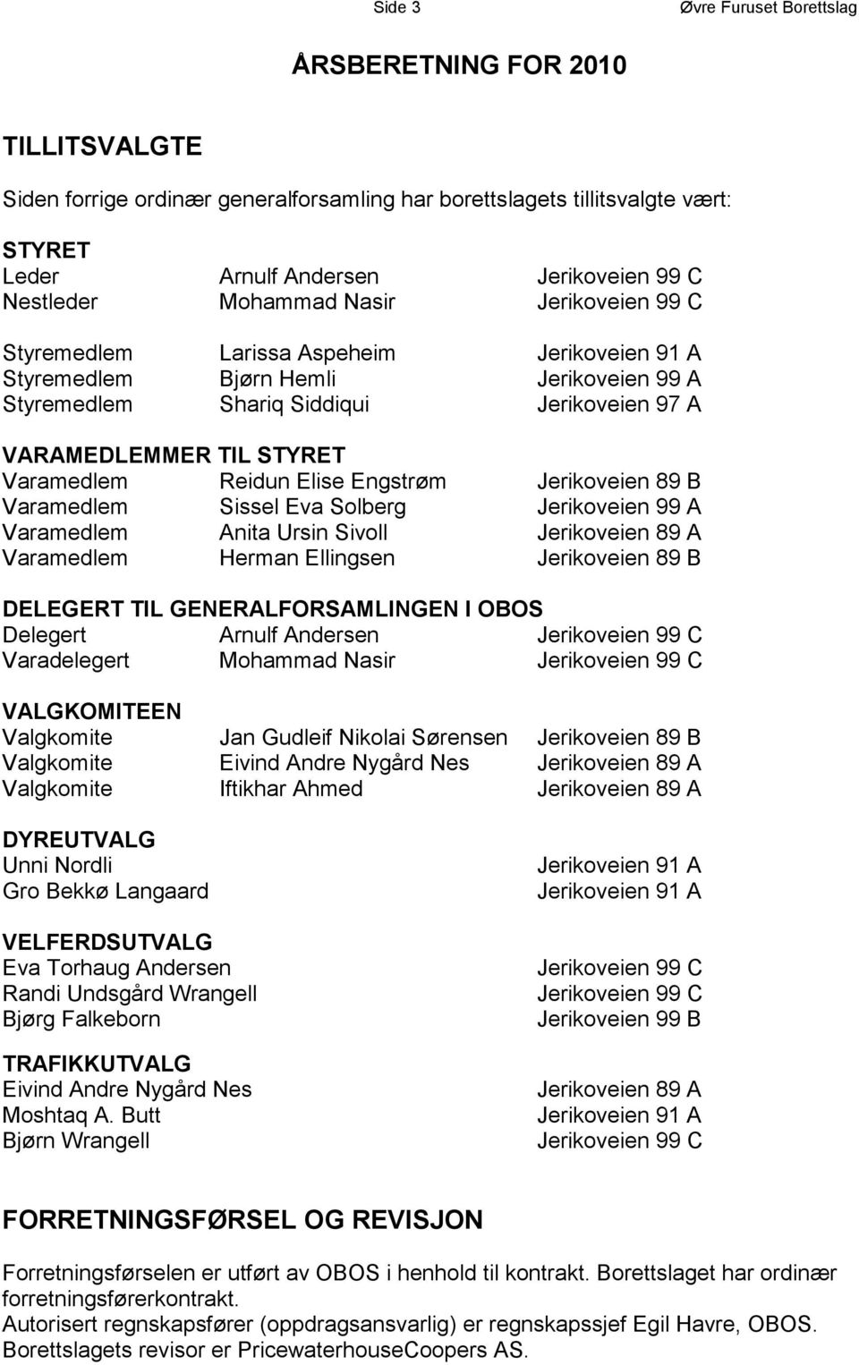 Varamedlem Reidun Elise Engstrøm Jerikoveien 89 B Varamedlem Sissel Eva Solberg Jerikoveien 99 A Varamedlem Anita Ursin Sivoll Jerikoveien 89 A Varamedlem Herman Ellingsen Jerikoveien 89 B DELEGERT