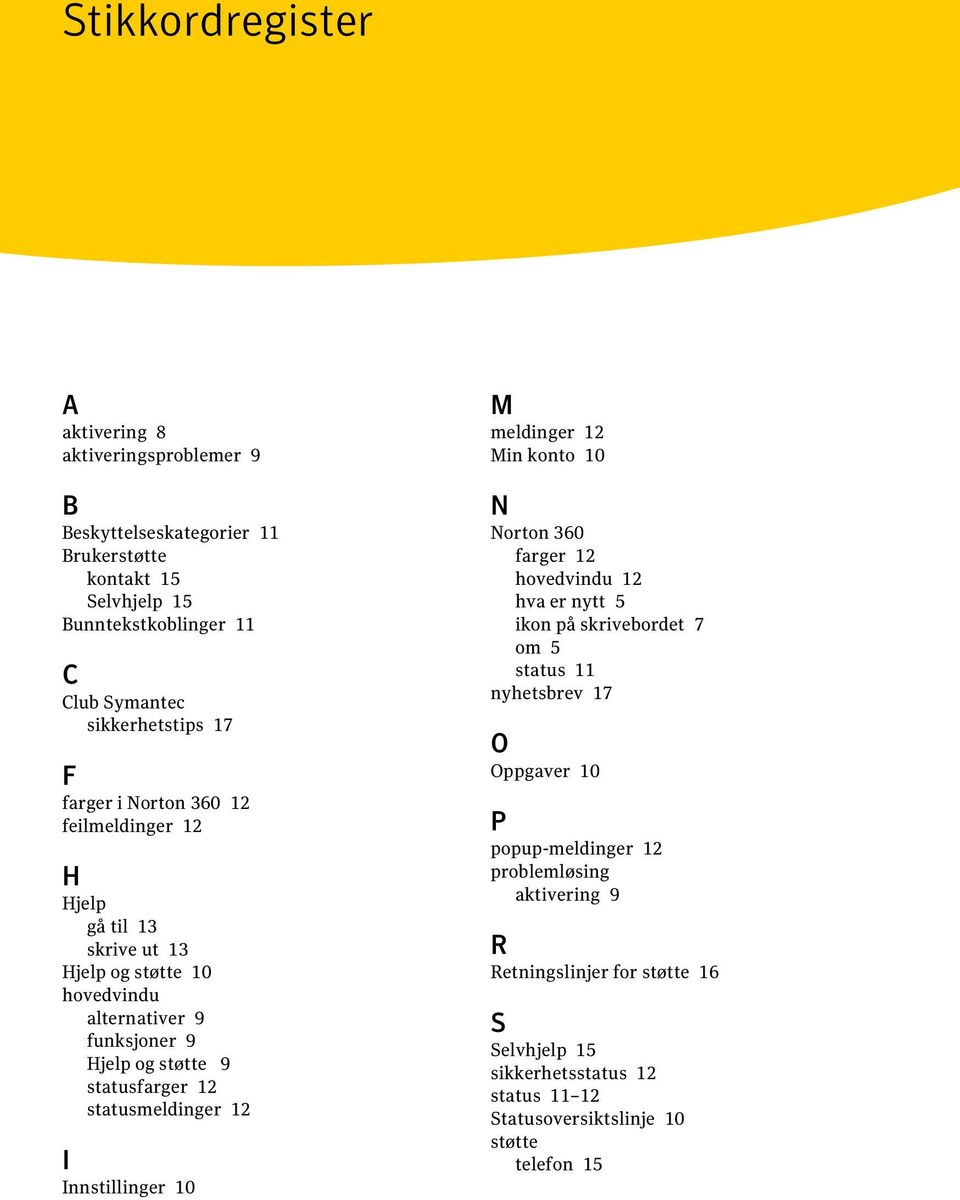 statusmeldinger 12 I Innstillinger 10 M meldinger 12 Min konto 10 N Norton 360 farger 12 hovedvindu 12 hva er nytt 5 ikon på skrivebordet 7 om 5 status 11 nyhetsbrev 17 O