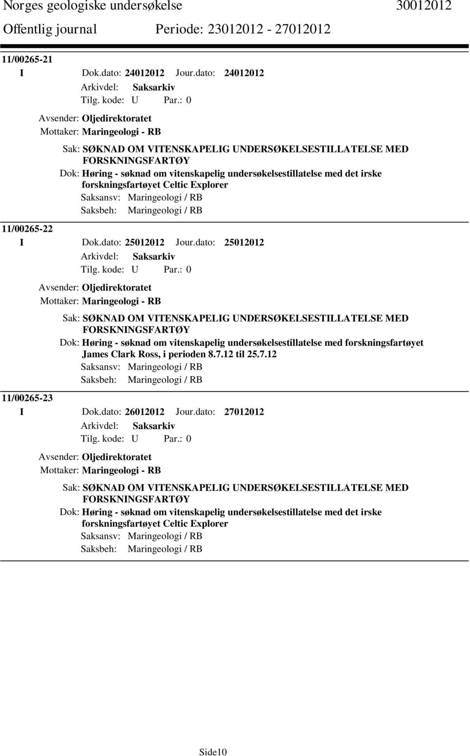 undersøkelsestillatelse med det irske forskningsfartøyet Celtic Explorer Saksbeh: Maringeologi / RB 11/00265-22 I Dok.dato: 25012012 Jour.