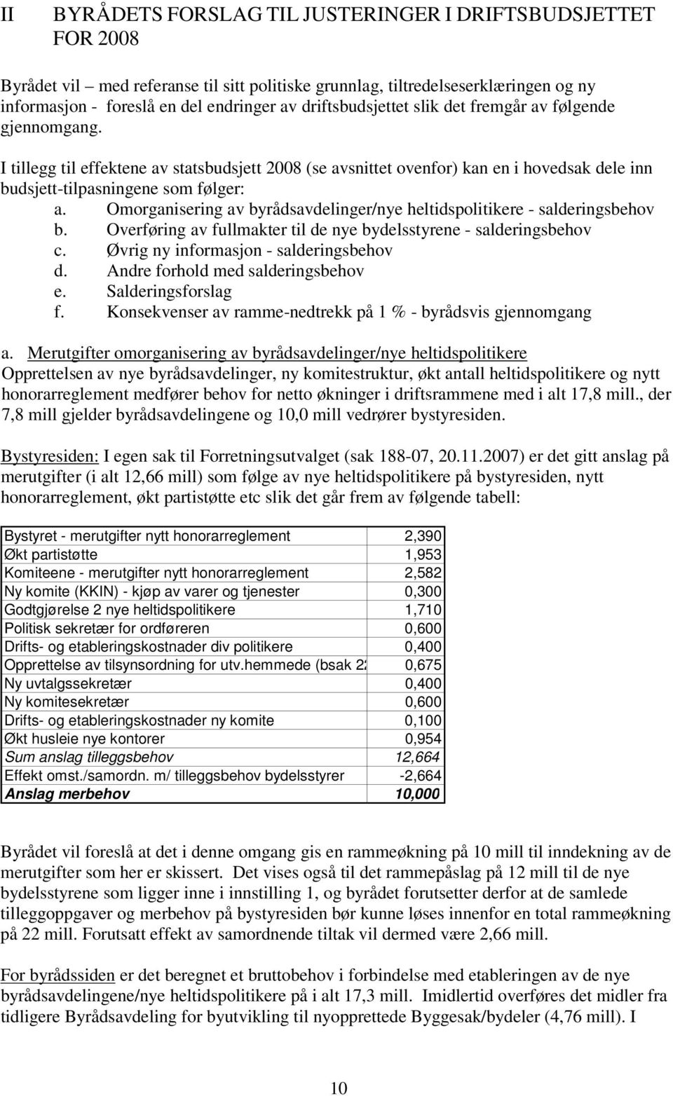 Omorganisering av byrådsavdelinger/nye heltidspolitikere - salderingsbehov b. Overføring av fullmakter til de nye bydelsstyrene - salderingsbehov c. Øvrig ny informasjon - salderingsbehov d.