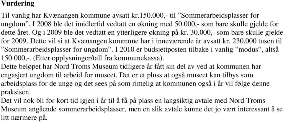 000 tusen til Sommerarbeidsplasser for ungdom. I 2010 er budsjettposten tilbake i vanlig modus, altså 150.000,-. (Etter opplysninger/tall fra kommunekassa).