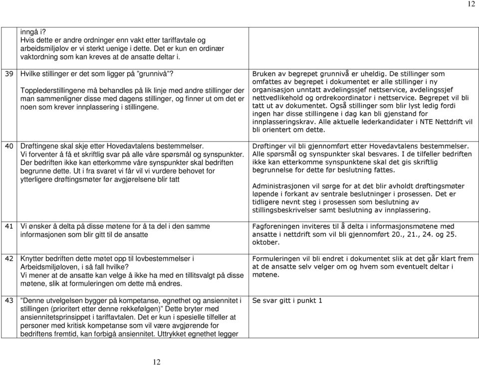 Topplederstillingene må behandles på lik linje med andre stillinger der man sammenligner disse med dagens stillinger, og finner ut om det er noen som krever innplassering i stillingene.