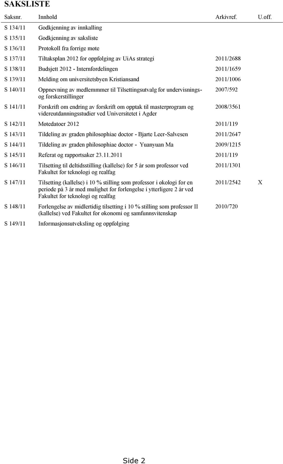 Internfordelingen 2011/1659 S 139/11 Melding om universitetsbyen Kristiansand 2011/1006 S 140/11 S 141/11 Oppnevning av medlemmmer til Tilsettingsutvalg for undervisningsog forskerstillinger