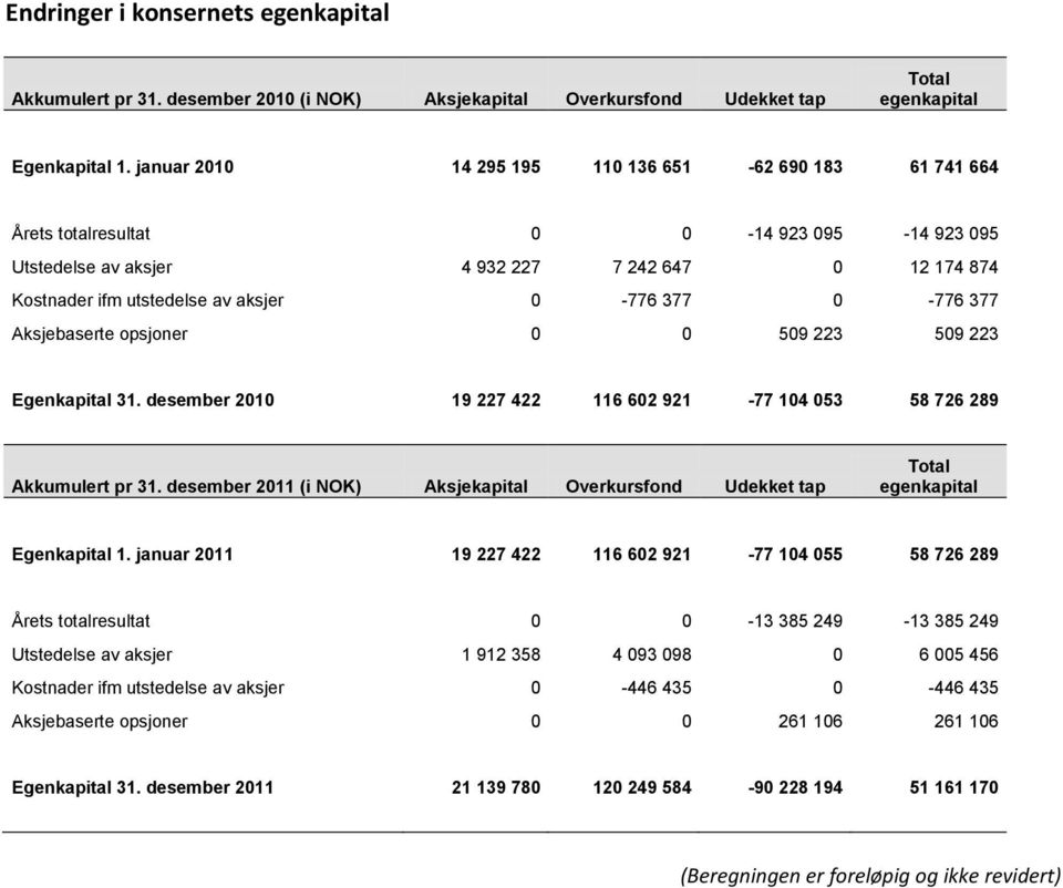 377 0-776 377 Aksjebaserte opsjoner 0 0 509 223 509 223 Egenkapital 31. desember 2010 19 227 422 116 602 921-77 104 053 58 726 289 Akkumulert pr 31.