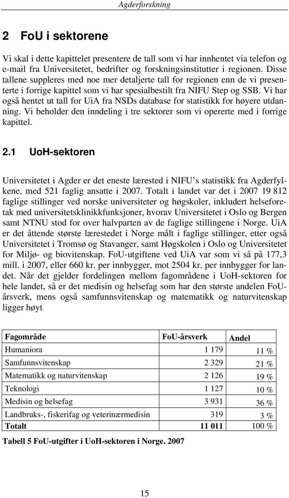 Vi har også hentet ut tall for UiA fra NSDs database for statistikk for høyere utdanning. Vi beholder den inndeling i tre sektorer som vi opererte med i forrige kapittel. 2.