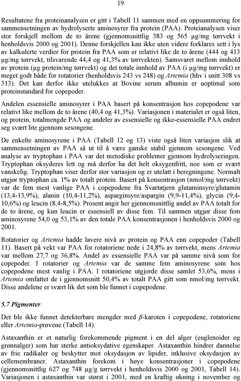 Denne forskjellen kan ikke uten videre forklares sett i lys av kalkulerte verdier for protein fra PAA som er relativt like de to årene (444 og 413 µg/mg tørrvekt, tilsvarende 44,4 og 41,3% av