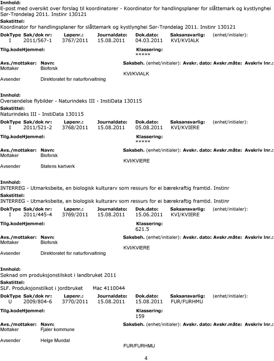 2011 KVI/KVIALK Direktoratet for naturforvaltning KVI/KVIALK Oversendelse flybilder - Naturindeks III - InstiData 130115 Naturindeks III - InstiData 130115 I 2011/521-2 3768/2011 15.08.