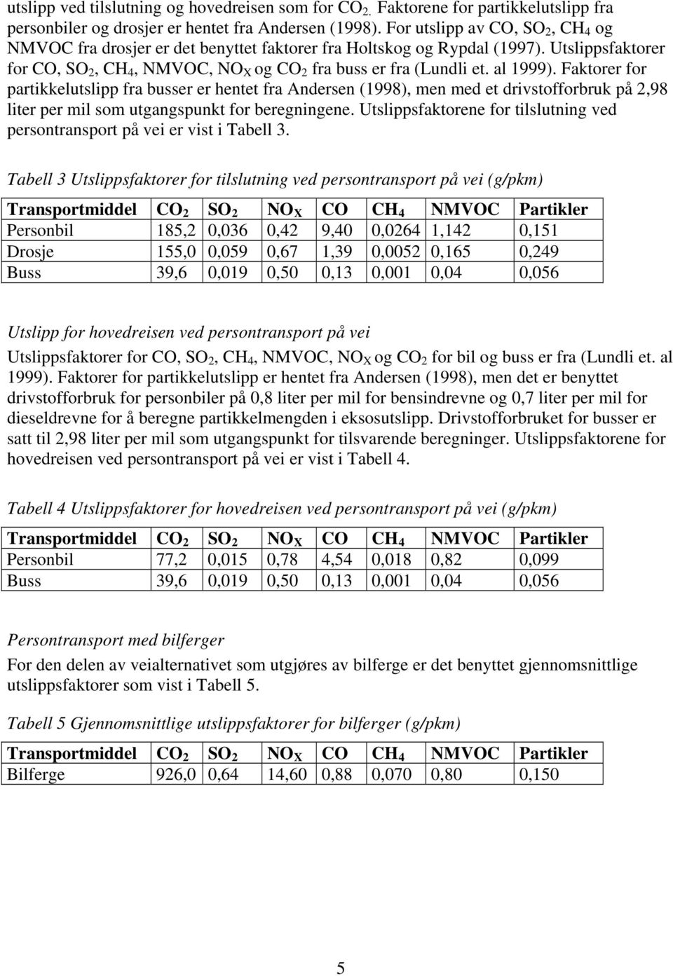 al 1999). Faktorer for partikkelutslipp fra busser er hentet fra Andersen (1998), men med et drivstofforbruk på 2,98 liter per mil som utgangspunkt for beregningene.