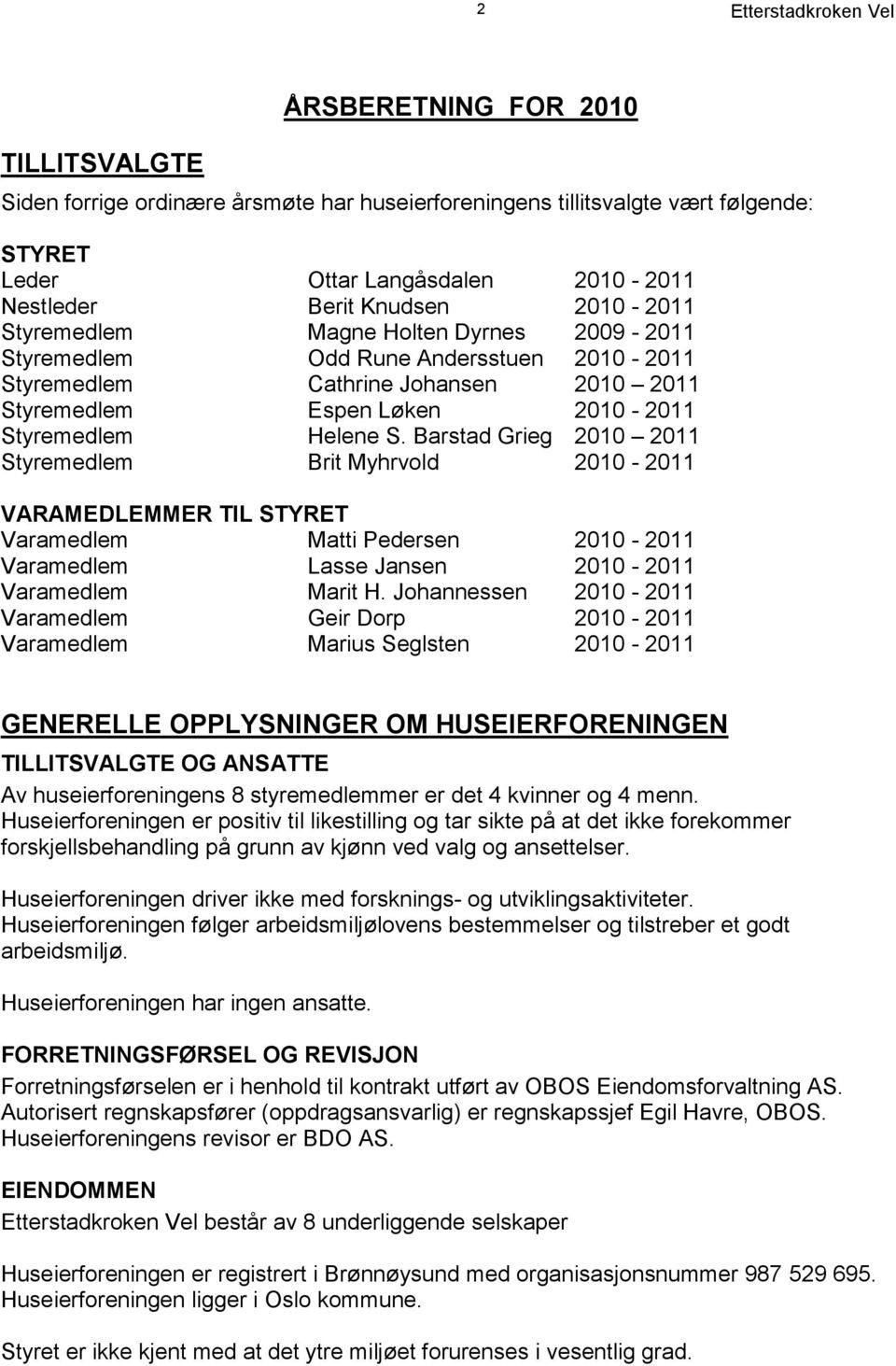 Barstad Grieg 2010 2011 Styremedlem Brit Myhrvold 2010-2011 VARAMEDLEMMER TIL STYRET Varamedlem Matti Pedersen 2010-2011 Varamedlem Lasse Jansen 2010-2011 Varamedlem Marit H.