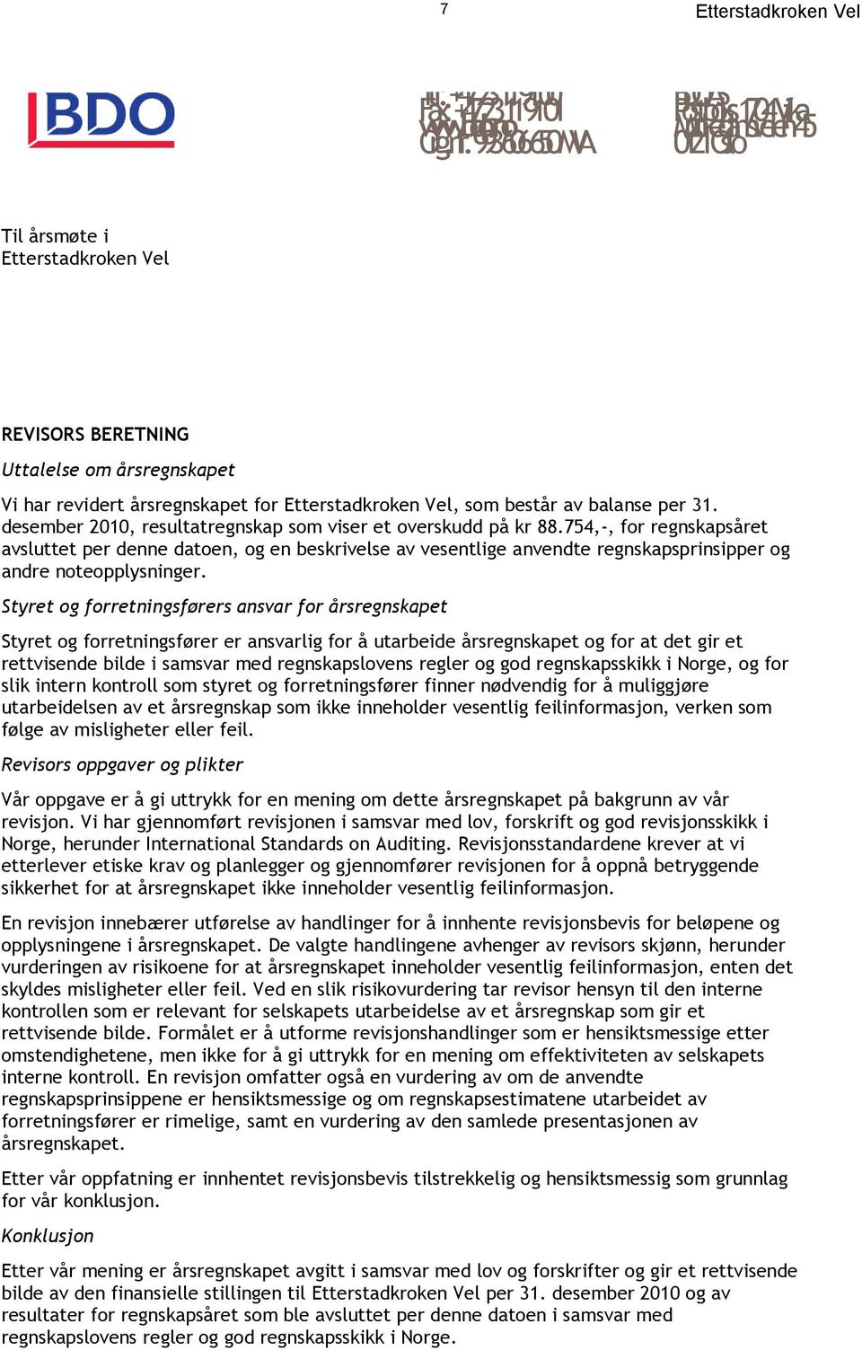 som består av balanse per 31. desember 2010, resultatregnskap som viser et overskudd på kr 88.