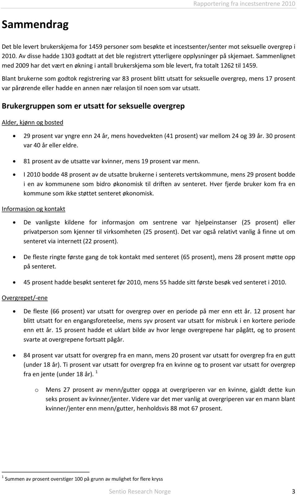 Blant brukerne som godtok registrering var 83 prosent blitt utsatt for seksuelle overgrep, mens 17 prosent var pårørende eller hadde en annen nær relasjon til noen som var utsatt.