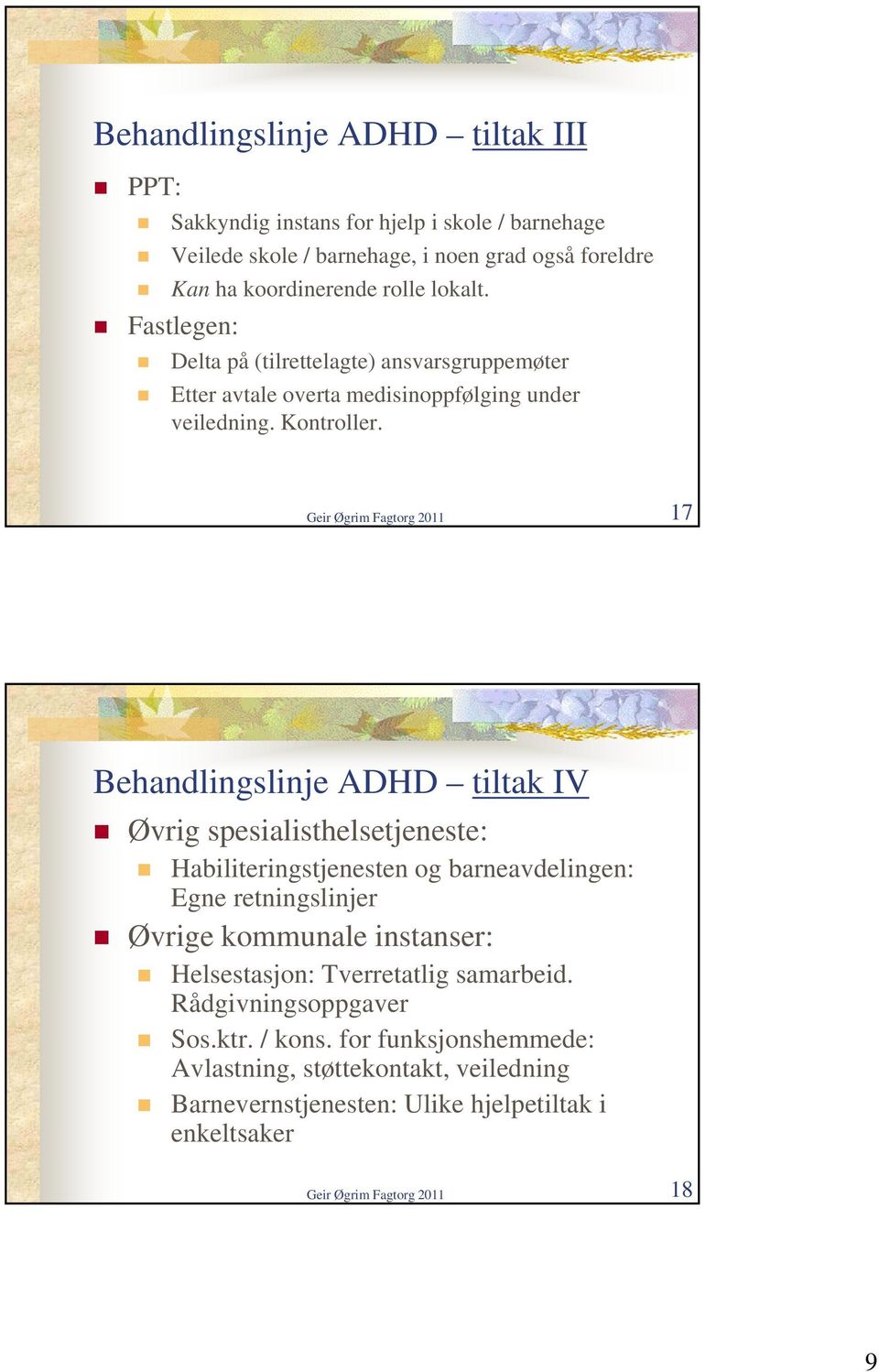 Geir Øgrim Fagtorg 2011 17 Behandlingslinje ADHD tiltak IV Øvrig spesialisthelsetjeneste: Habiliteringstjenesten og barneavdelingen: Egne retningslinjer Øvrige kommunale